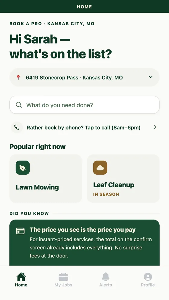 The ForeLeaf app's home screen: book a pro, popular services, and a tip that the price you see is the price you pay