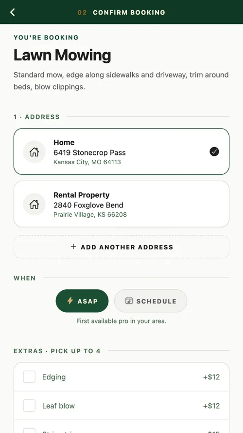 Confirming a lawn mowing booking in the ForeLeaf app: the address, then ASAP or a scheduled day