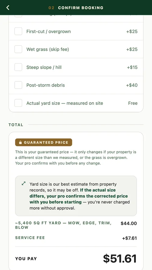 The guaranteed price in the ForeLeaf app: the mow, the service fee and the total, before you book