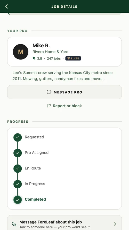 A finished job in the ForeLeaf app: the pro, and every stage from requested to completed