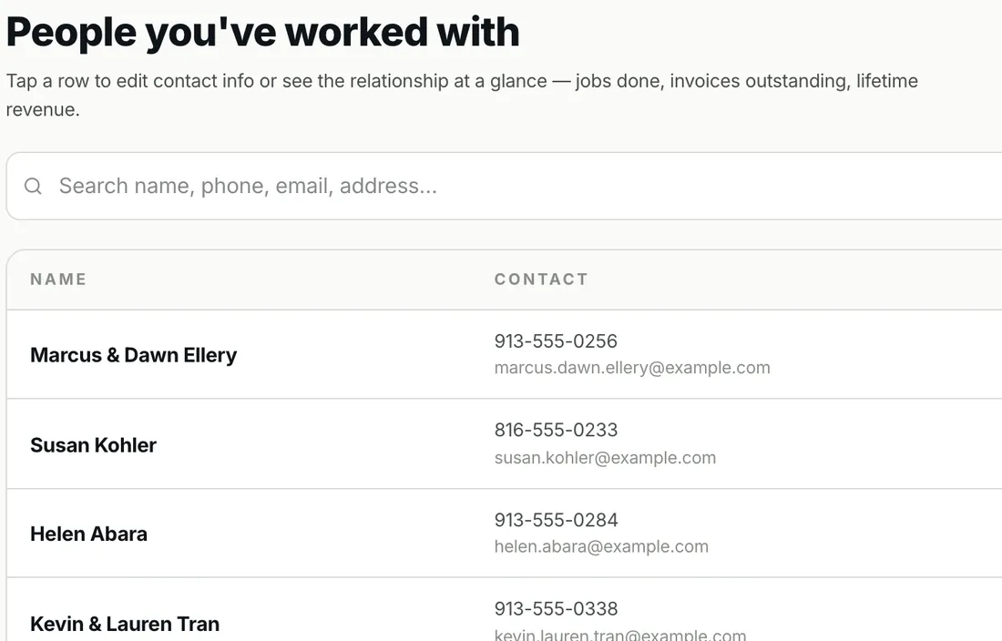 The back office customer list: name, phone and email