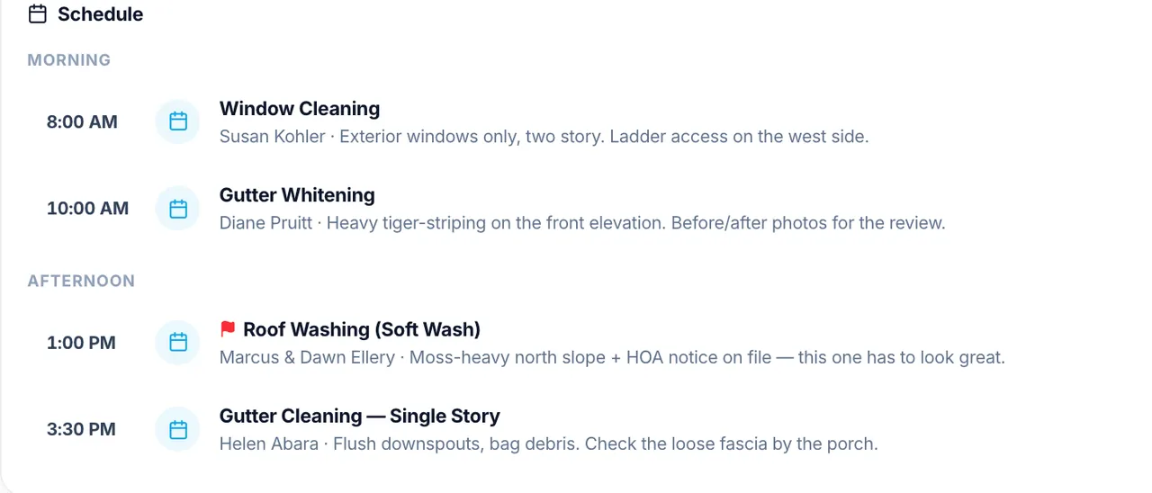 The back office Today page: the day's schedule by time