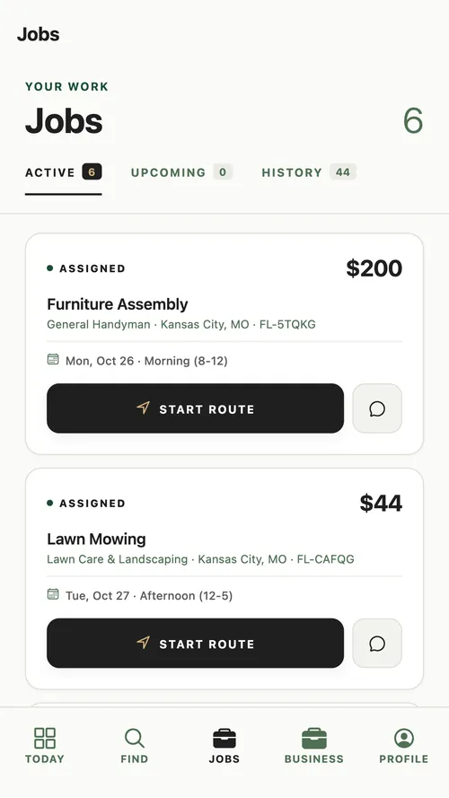The Pro app's Jobs screen: assigned jobs with Start route