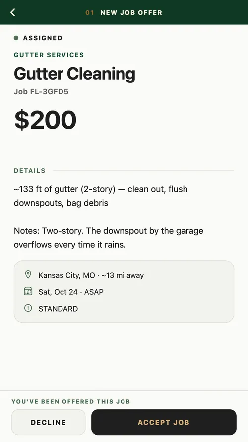 A ForeLeaf job offer in the Pro app: the scope and the price, with Decline and Accept