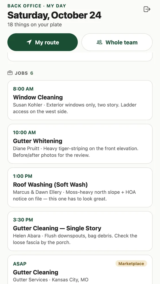 The ForeLeaf Pro app's My day screen: today's jobs by time, with the route button